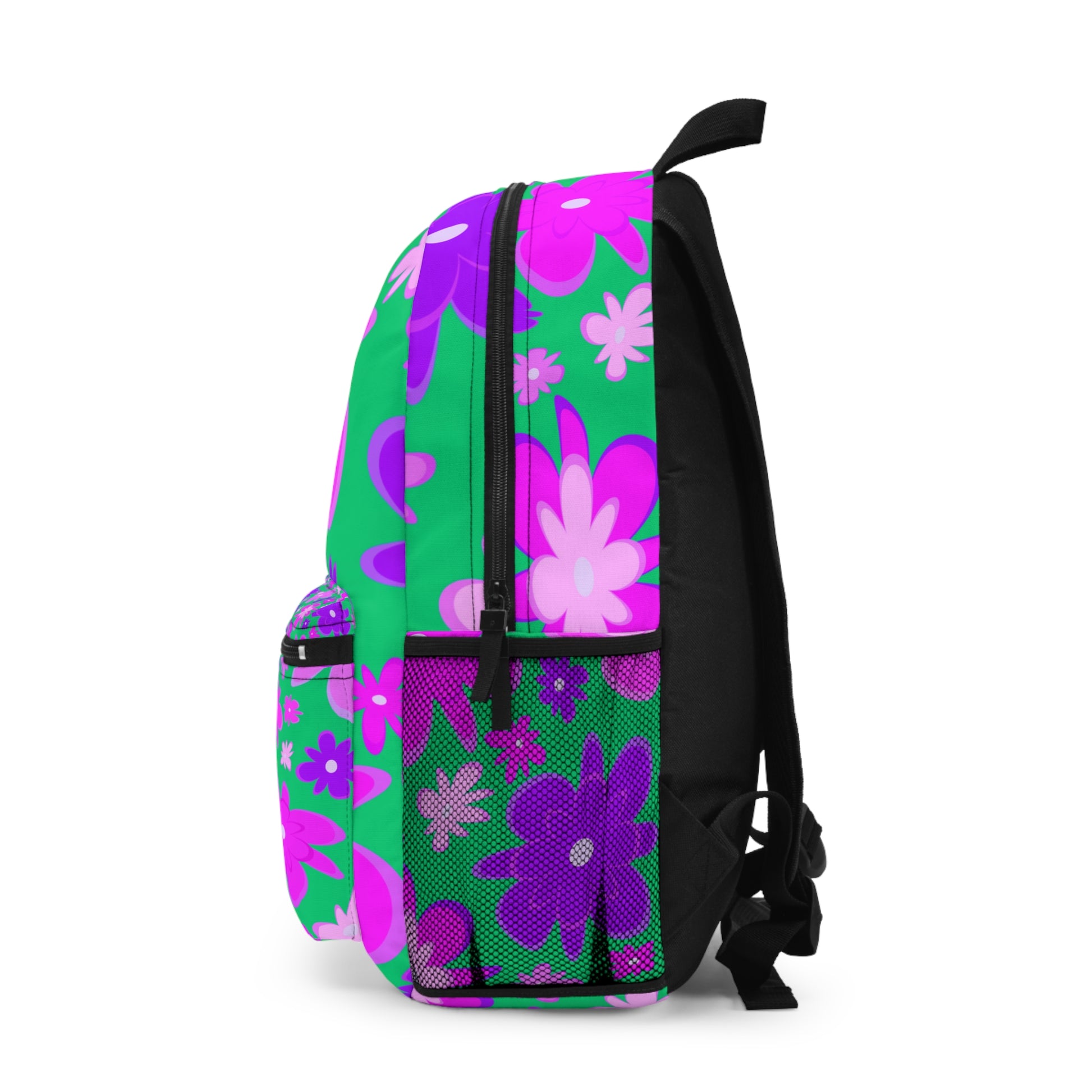 LuckeLadybug custom floral backpack in vibrant green and purple flower design with spacious compartments