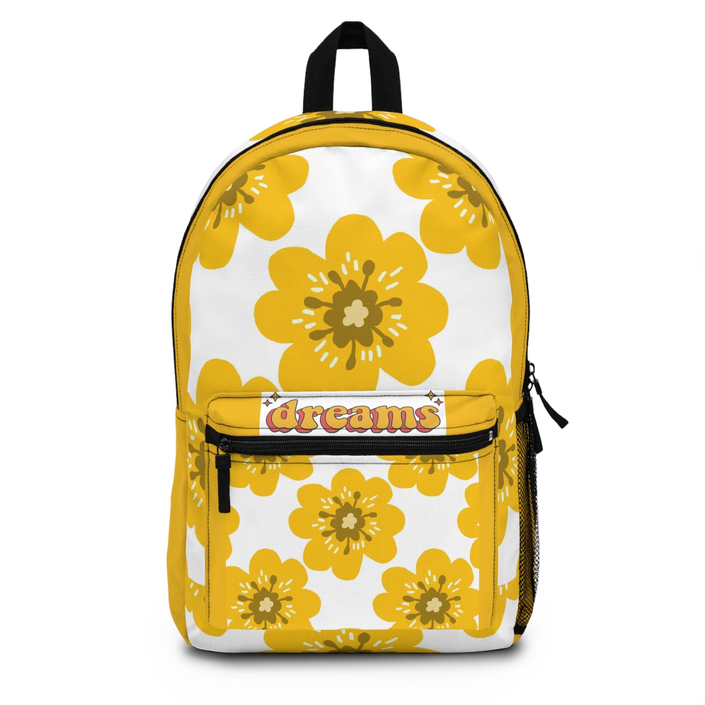 Custom floral backpack with bright yellow flowers and the word dreams on the front pocket