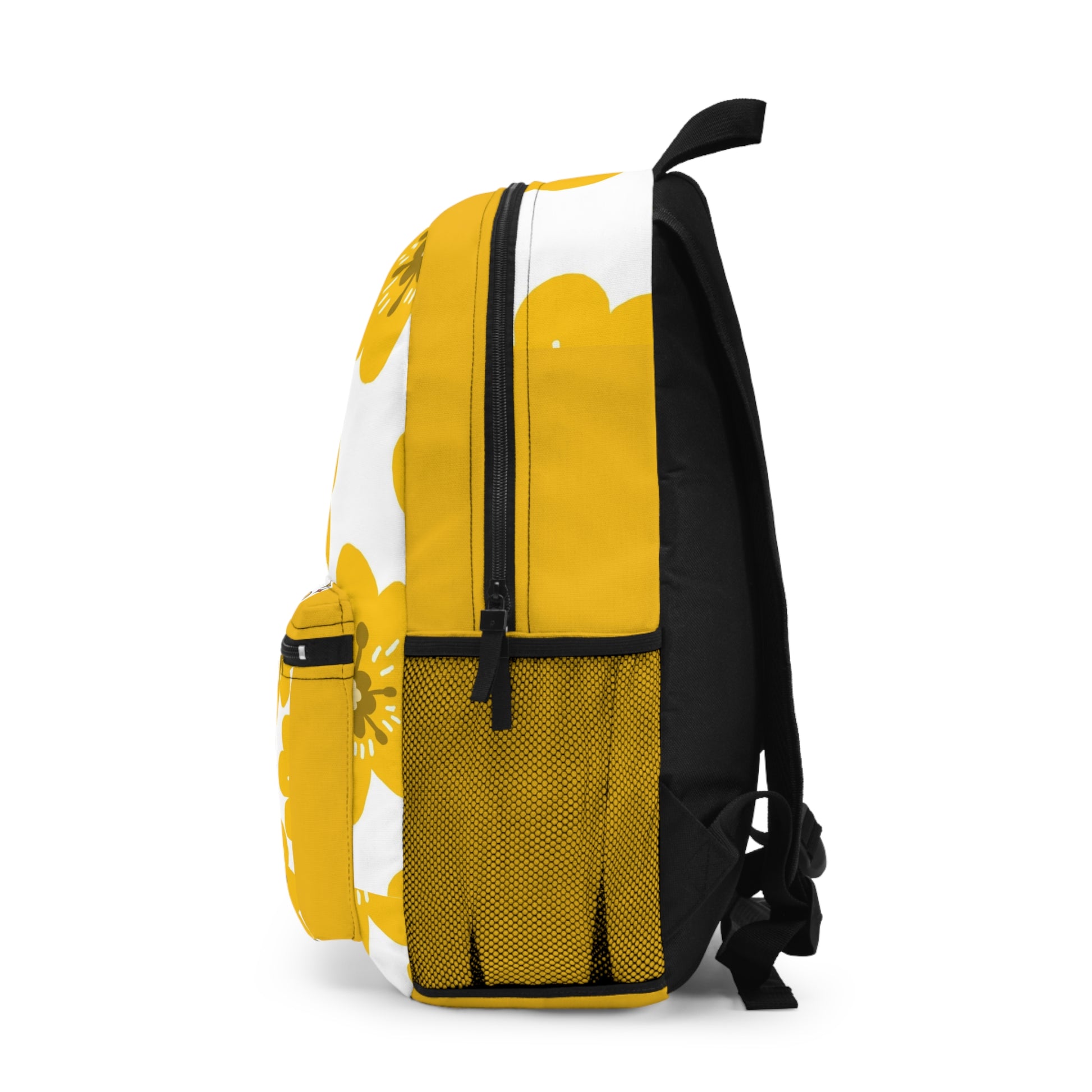 Custom floral backpack with vibrant yellow and white floral design and mesh side pocket