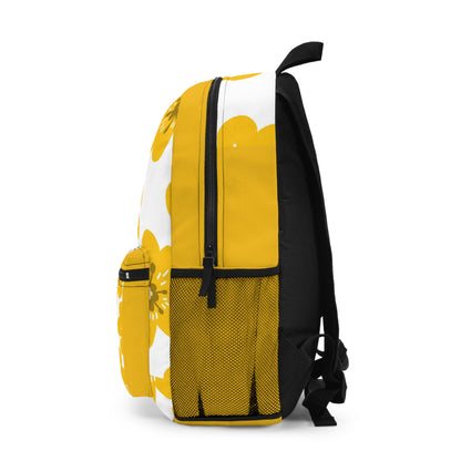 Custom floral backpack with vibrant yellow and white floral design and mesh side pocket