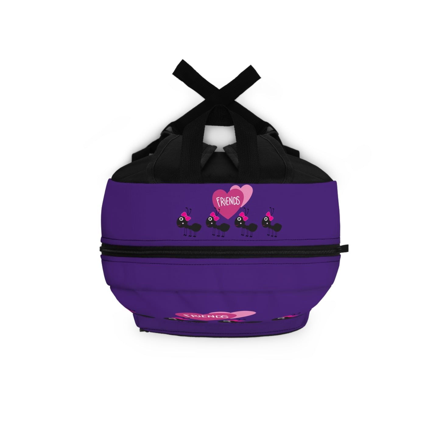 Purple custom kids backpack featuring playful ants and a heart design for young children