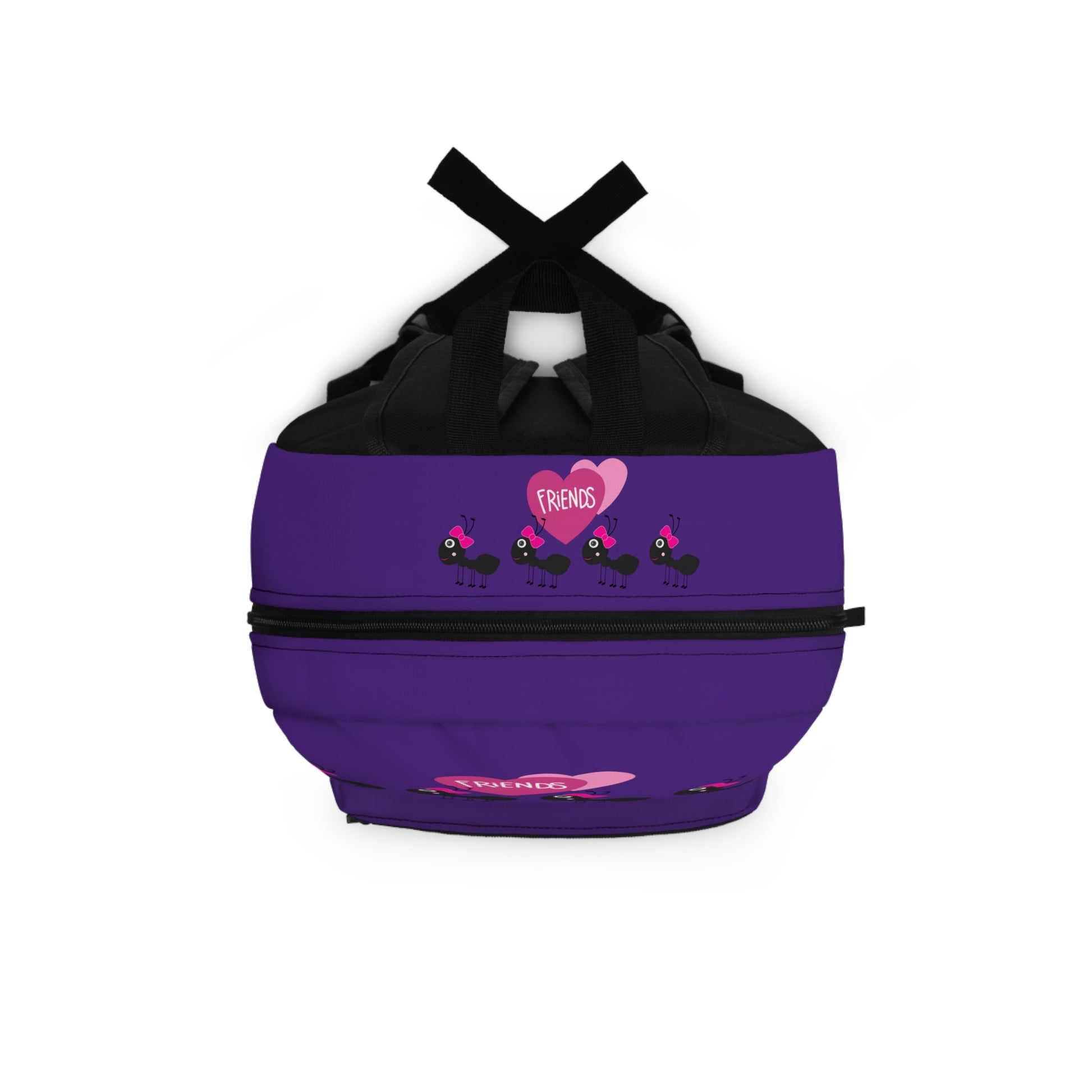 Purple custom kids backpack featuring playful ants and a heart design for young children