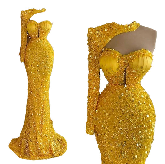 Custom mermaid sequin prom dress in vibrant yellow with stunning sequins and elegant silhouette