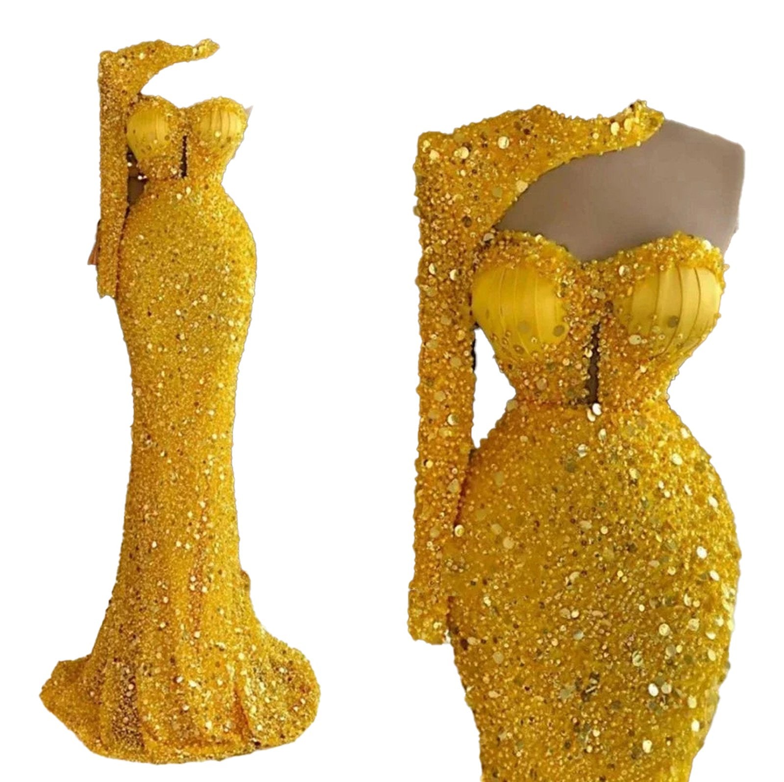 Custom mermaid sequin prom dress in vibrant yellow with a fitted silhouette and elegant detailing