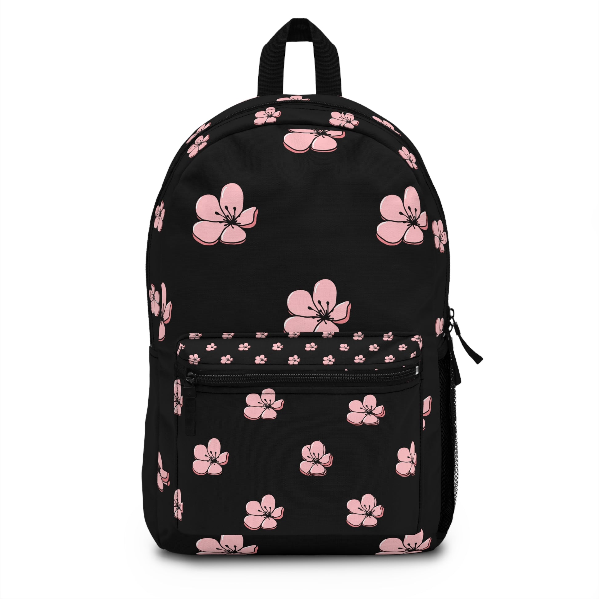 LuckeLadybug custom pink flower backpack with floral design on a black background