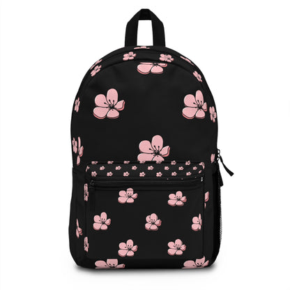 LuckeLadybug custom pink flower backpack with floral design on a black background