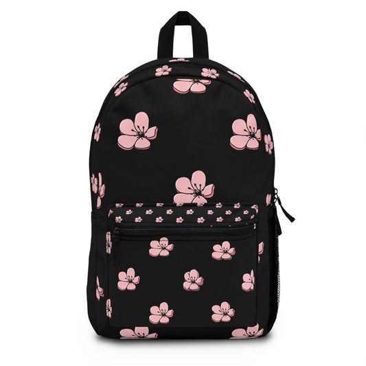 LuckeLadybug custom pink flower backpack with floral design on a black background