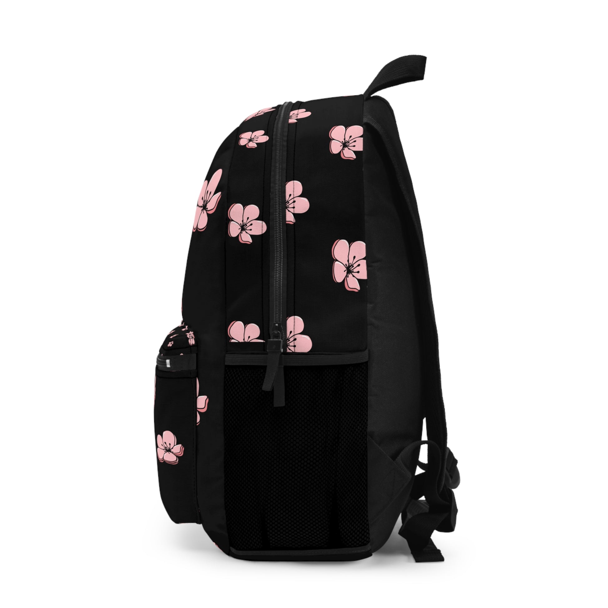 Custom pink flower backpack featuring a sleek black design with pink floral patterns