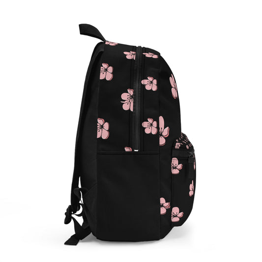 LuckeLadybug custom pink flower backpack featuring a stylish black design with pink flower prints