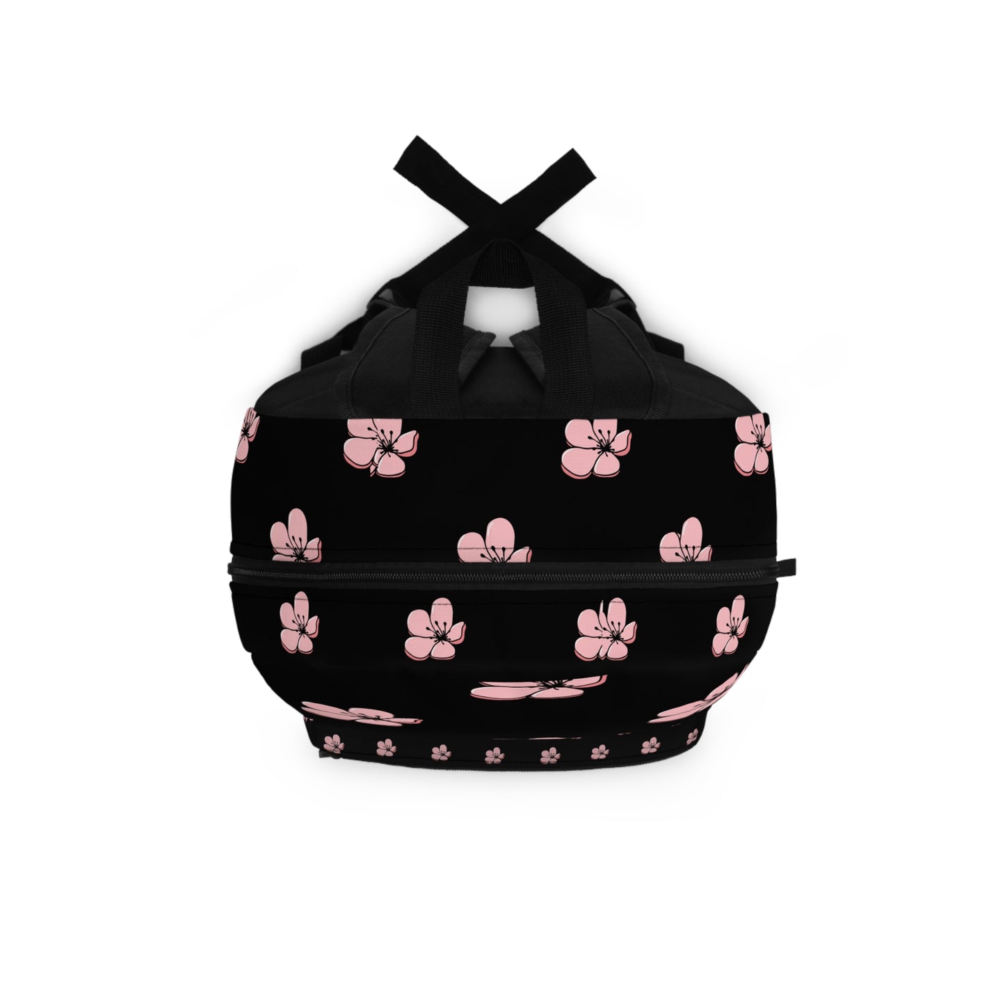 Custom pink flower backpack featuring vibrant pink flowers on a black background for stylish use