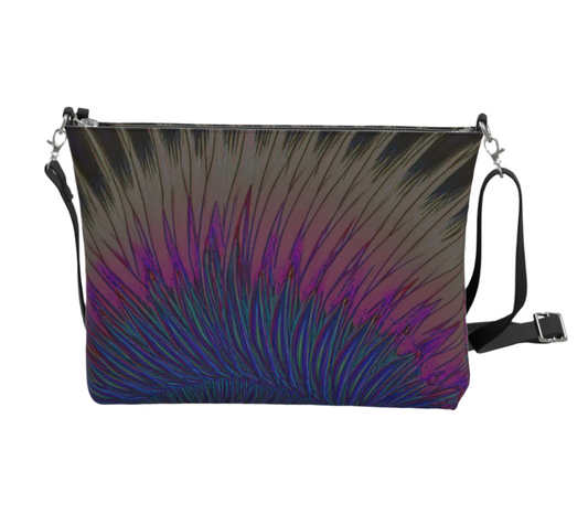 LuckeLadybug vegan leather punk crossbody bag with colorful mohawk design and adjustable strap