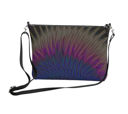 LuckeLadybug vegan leather punk crossbody bag with abstract multicolor design and adjustable strap