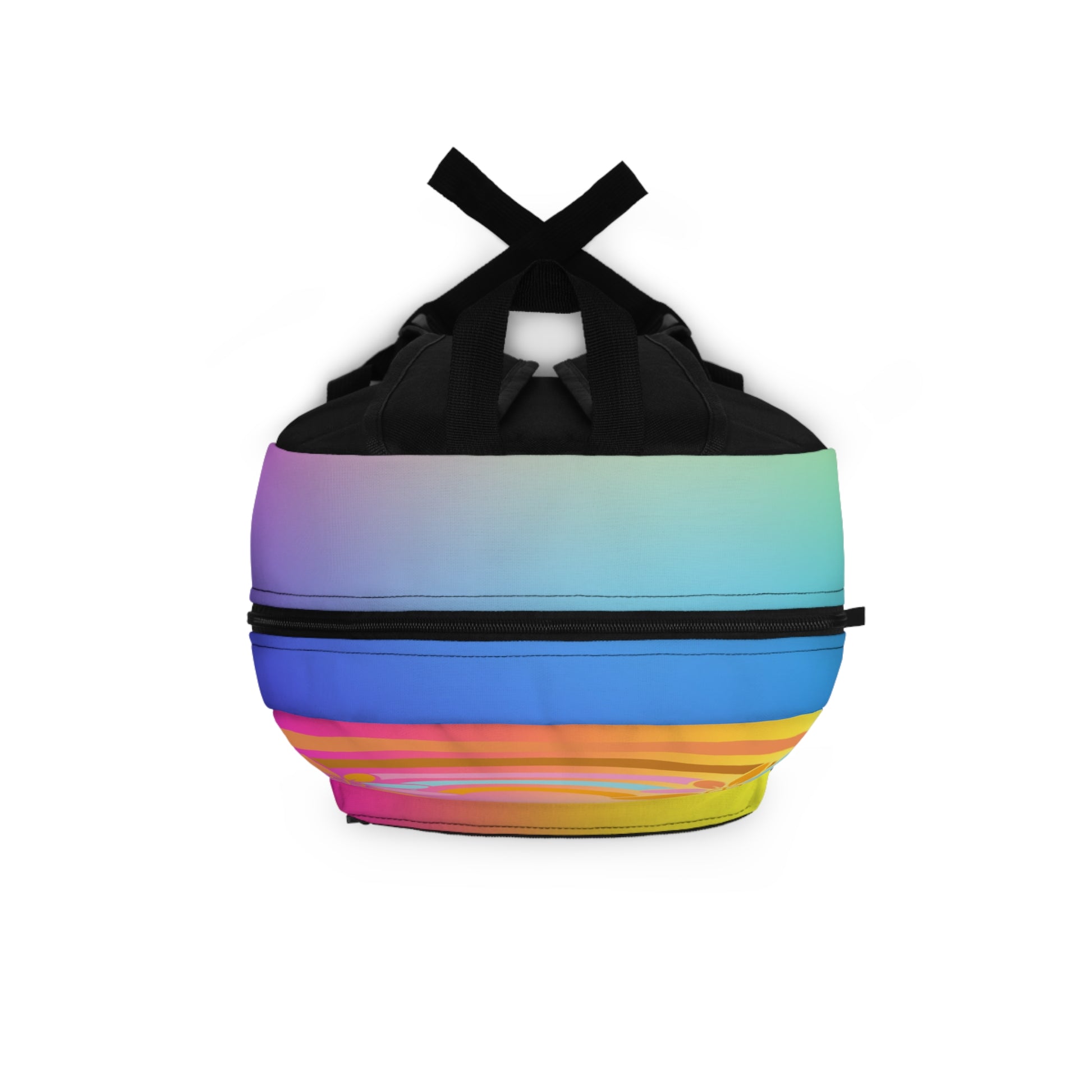 Custom rainbow backpack with vibrant multicolored design and black straps for stylish storage