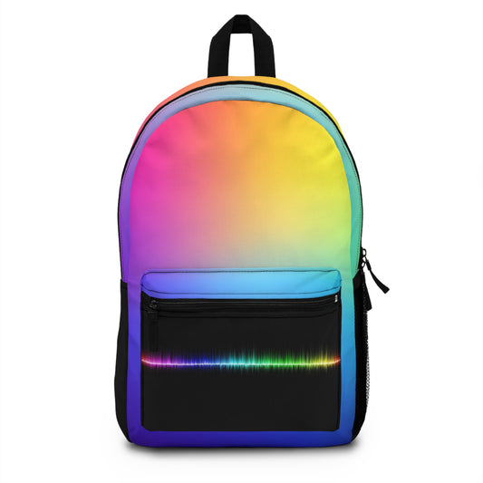 Custom rainbow backpack featuring a vibrant gradient design and front zip pocket for stylish storage