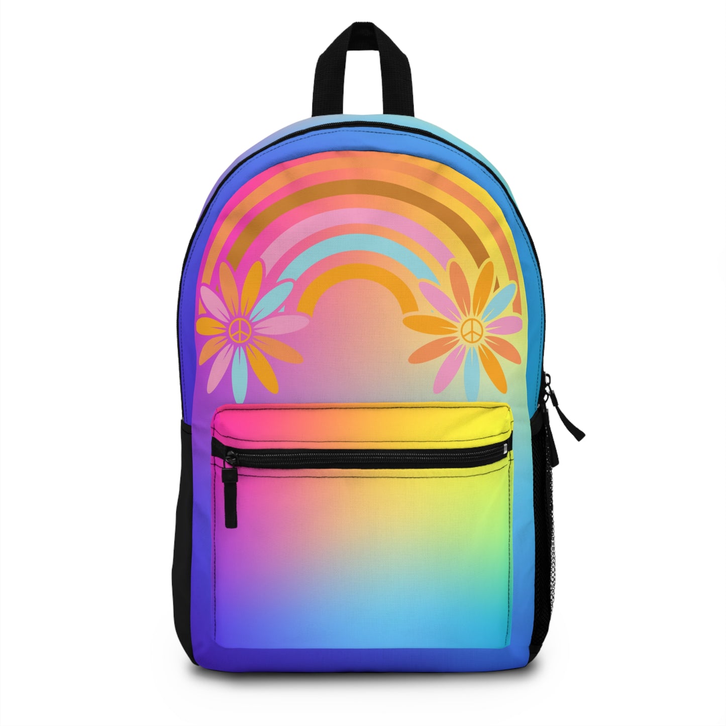 Custom rainbow backpack featuring vibrant colors and floral designs for a fun and stylish look