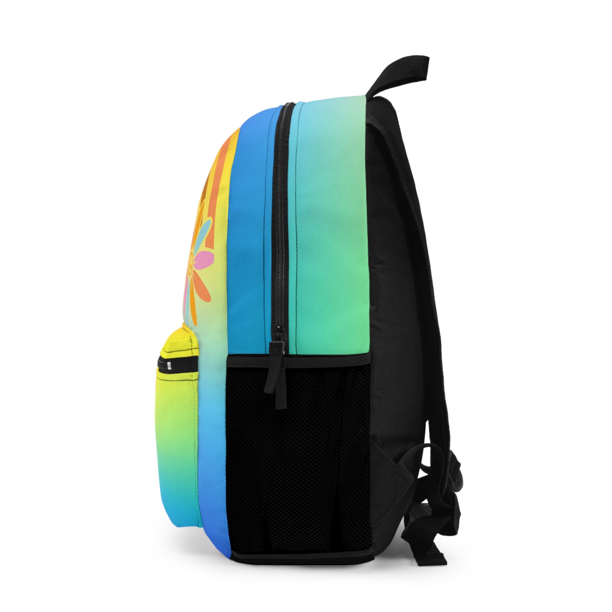 Custom rainbow backpack featuring vibrant color gradient and stylish side pocket for everyday use