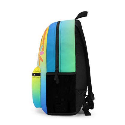 Custom rainbow backpack featuring vibrant color gradient and stylish side pocket for everyday use