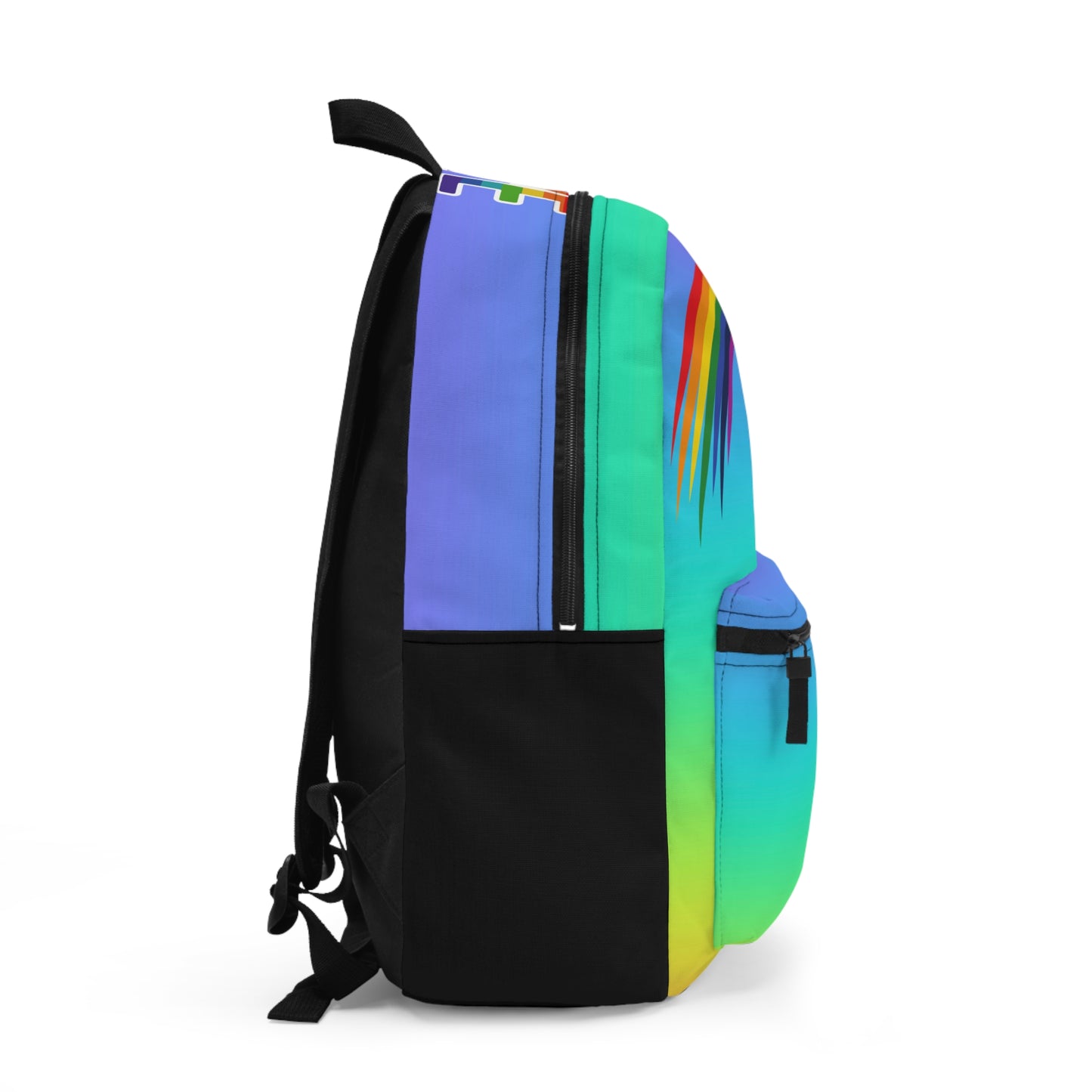 LuckeLadybug custom rainbow backpack featuring a vibrant multicolor design and spacious side pocket
