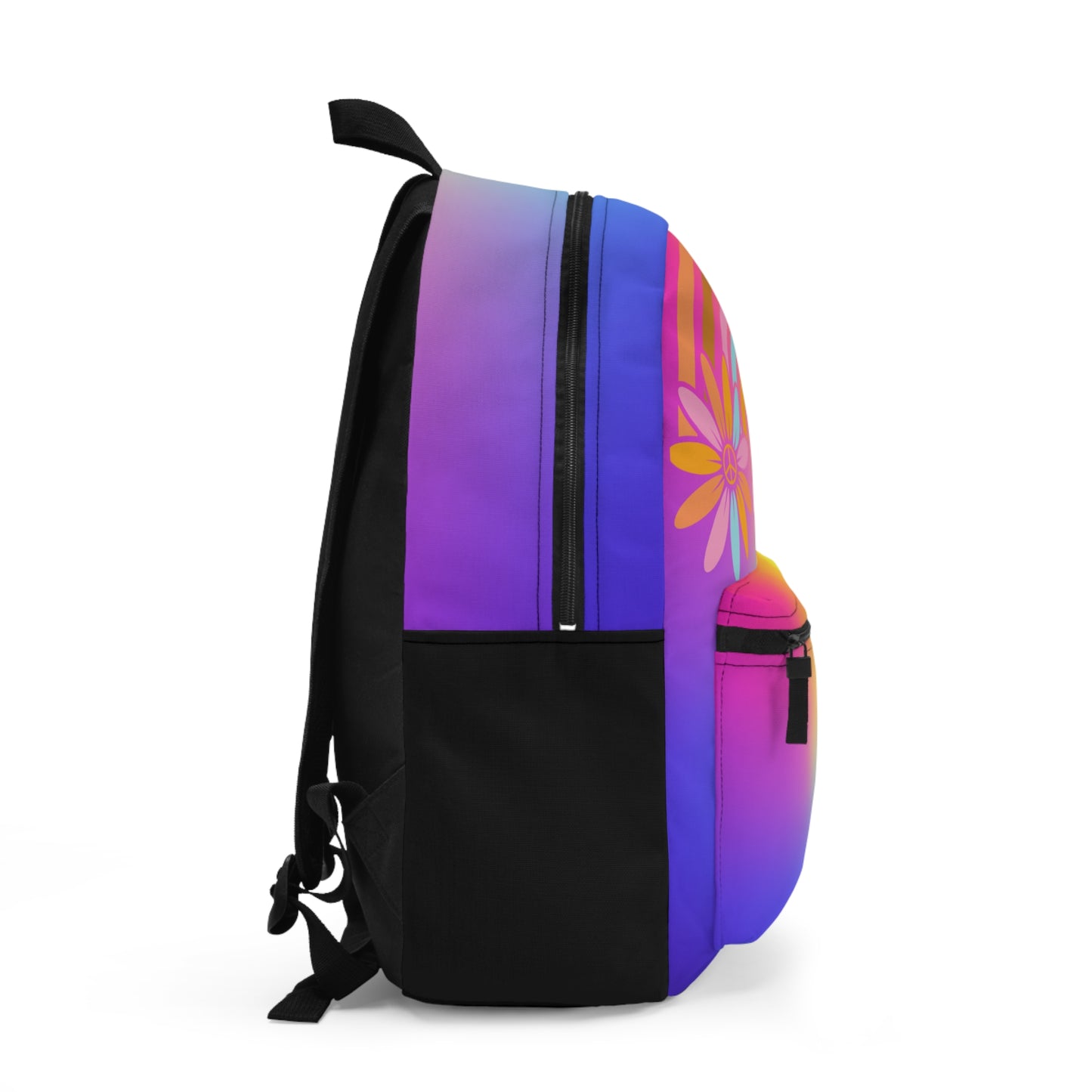 Side view of a custom rainbow backpack with vibrant colors and floral design