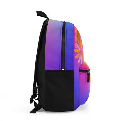 Side view of a custom rainbow backpack with vibrant colors and floral design