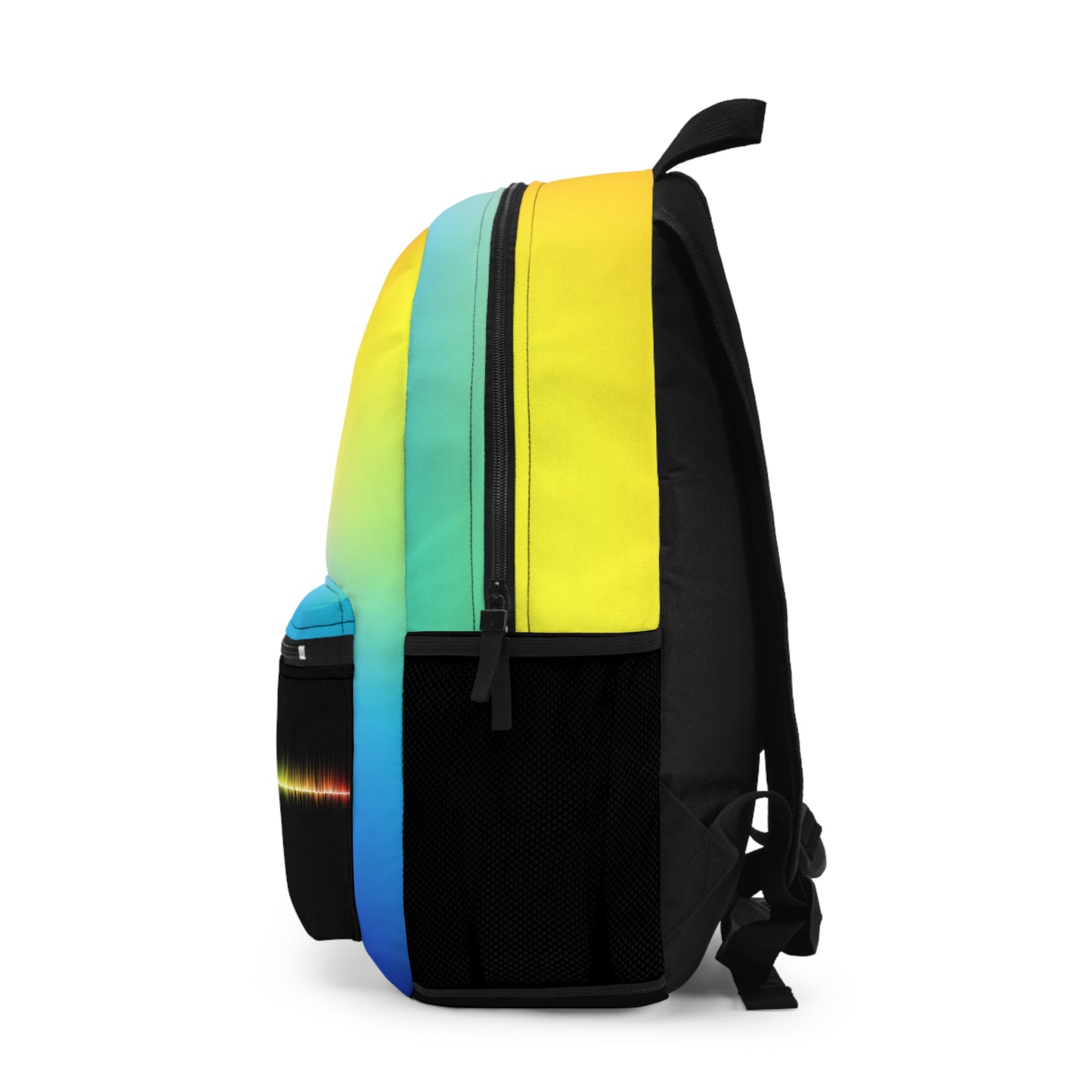 Custom rainbow backpack featuring a vibrant gradient design and practical side pockets