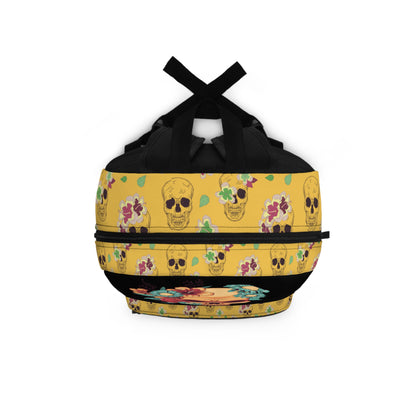 LuckeLadybug custom skull backpack with floral designs on a vibrant yellow background