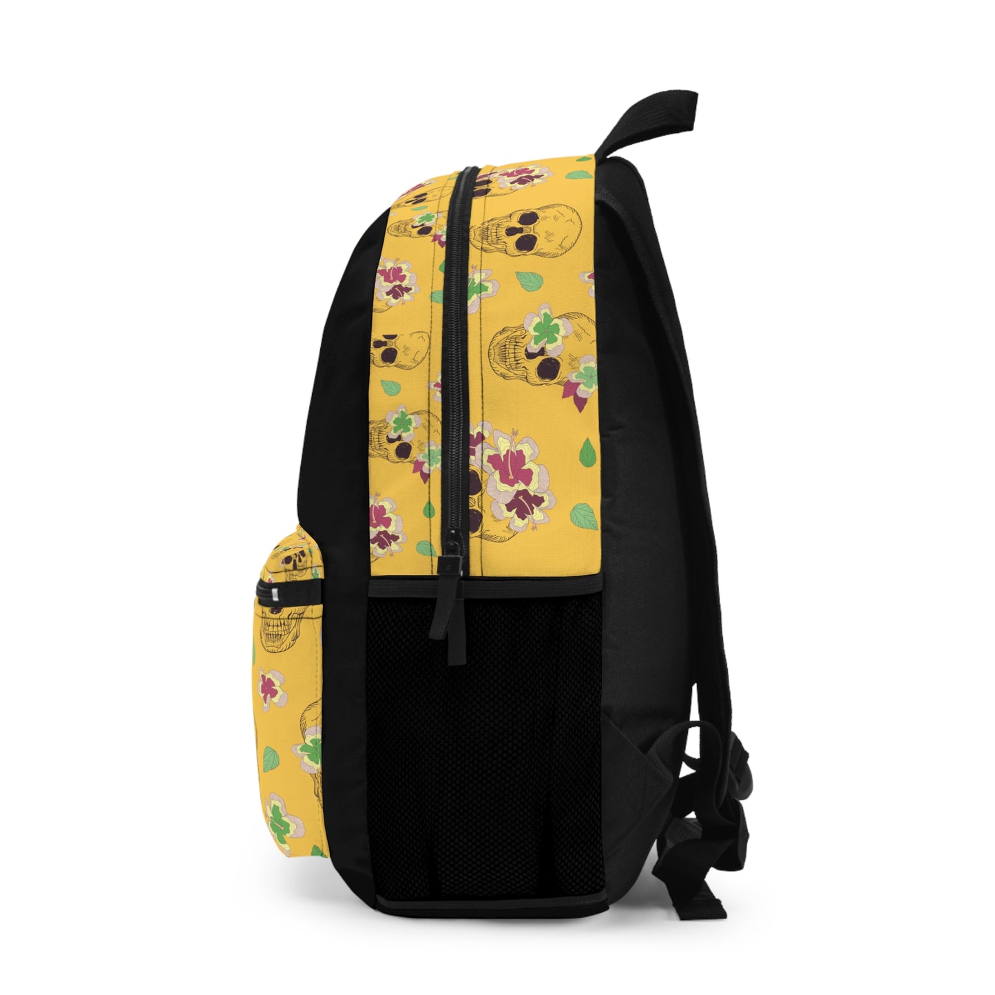 Custom skull backpack with vibrant yellow design featuring skulls and flowers on the side