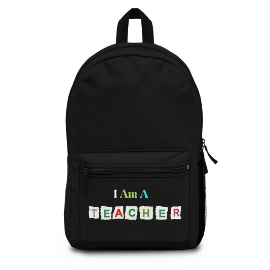 LuckeLadybug custom teacher backpack with colorful letters spelling I Am A TEACHER on a black design