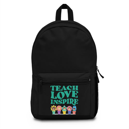 Custom teacher backpack featuring colorful design with the phrase Teach Love Inspire on the front