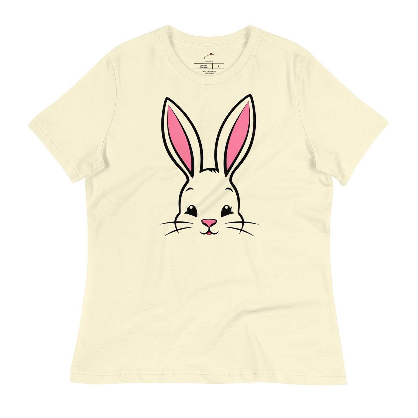LuckeLadybug cute bunny ears womens t-shirt featuring a playful bunny face design