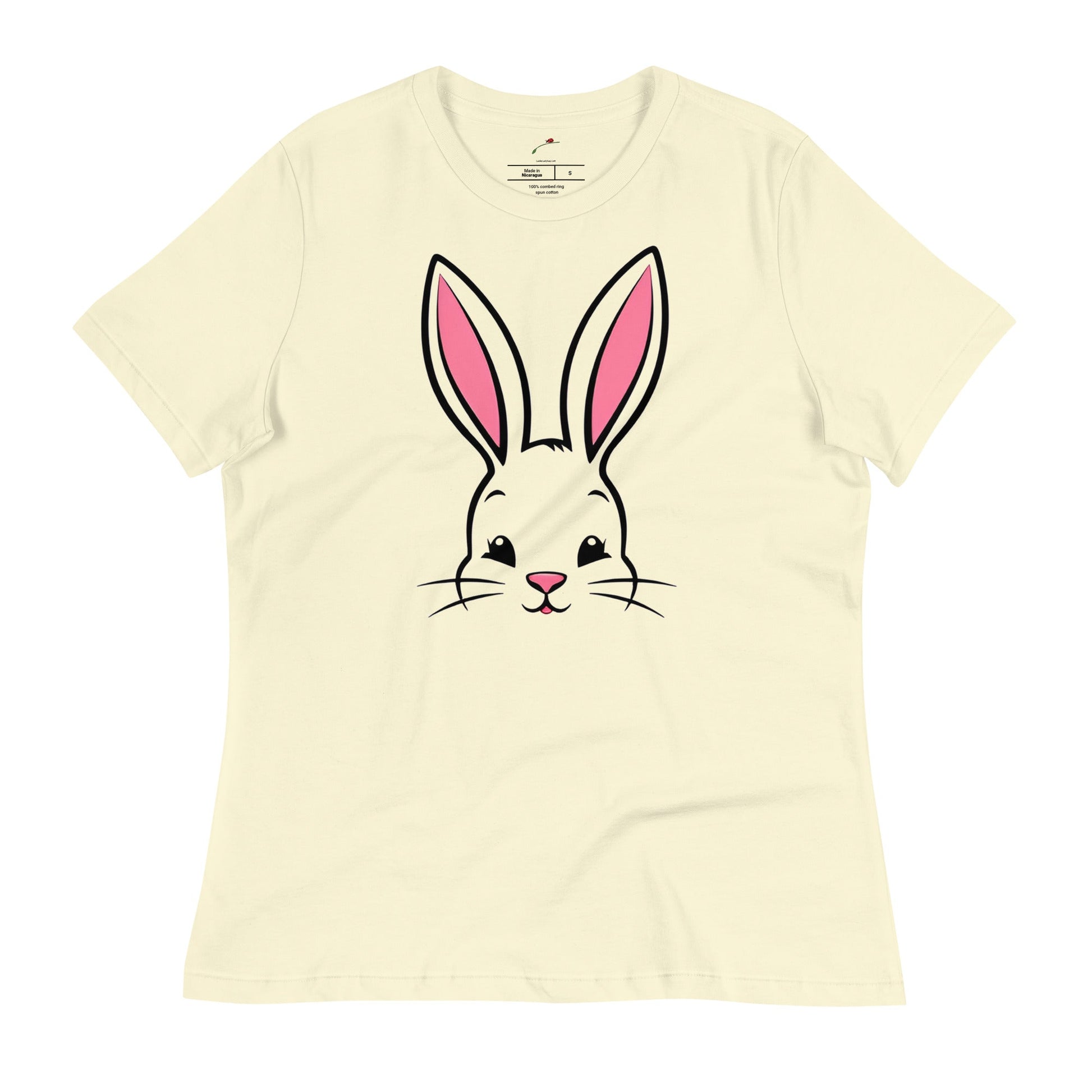 LuckeLadybug cute bunny ears womens t-shirt featuring a playful bunny face design