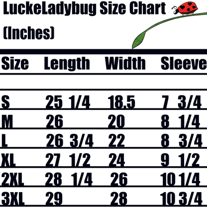 LuckeLadybug cute bunny ears womens t-shirt size chart with detailed measurements in inches