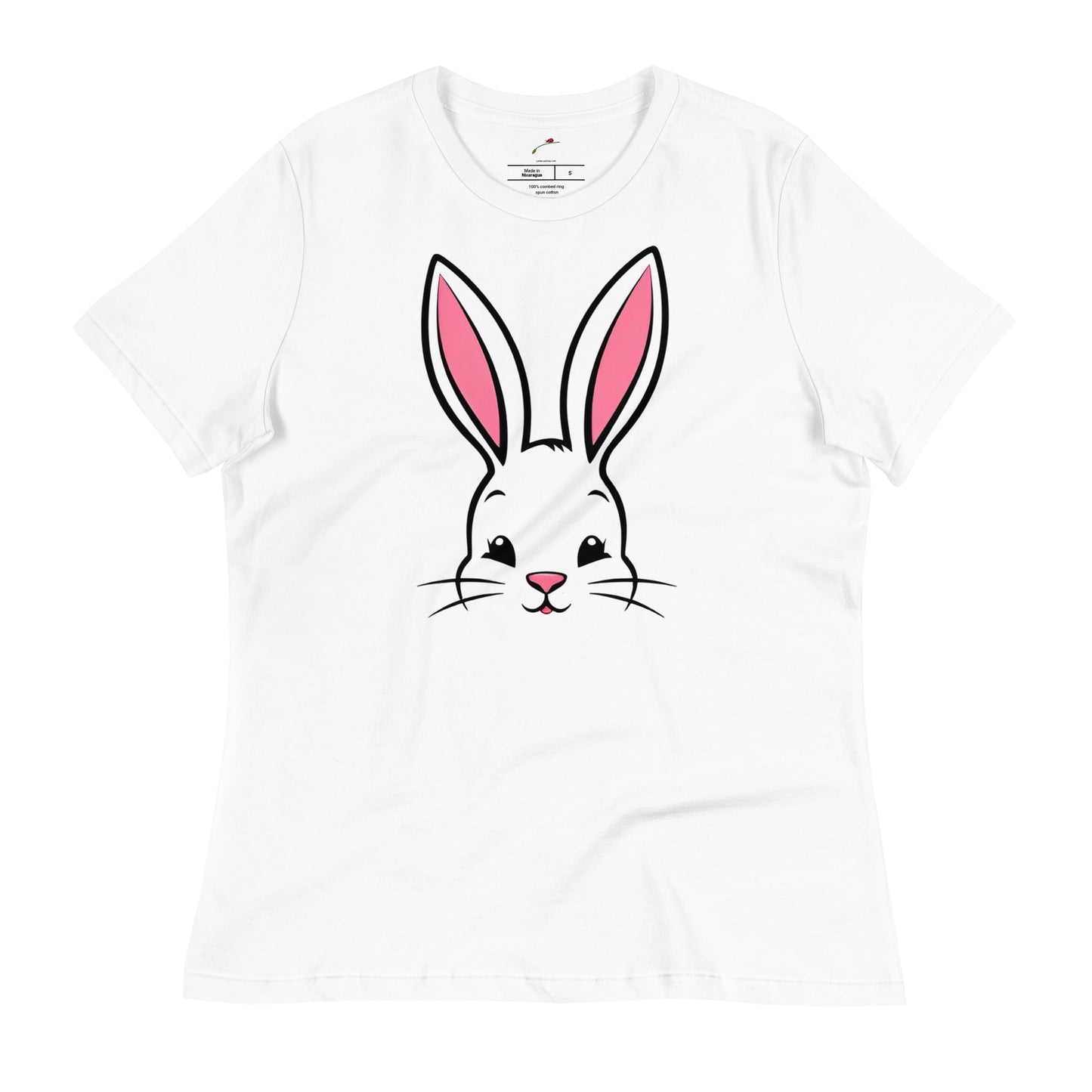 Cute bunny ears womens t-shirt featuring a playful bunny face design on a white background