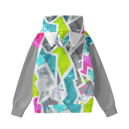 cute cat ear hoodie for women with colorful abstract design and gray sleeves
