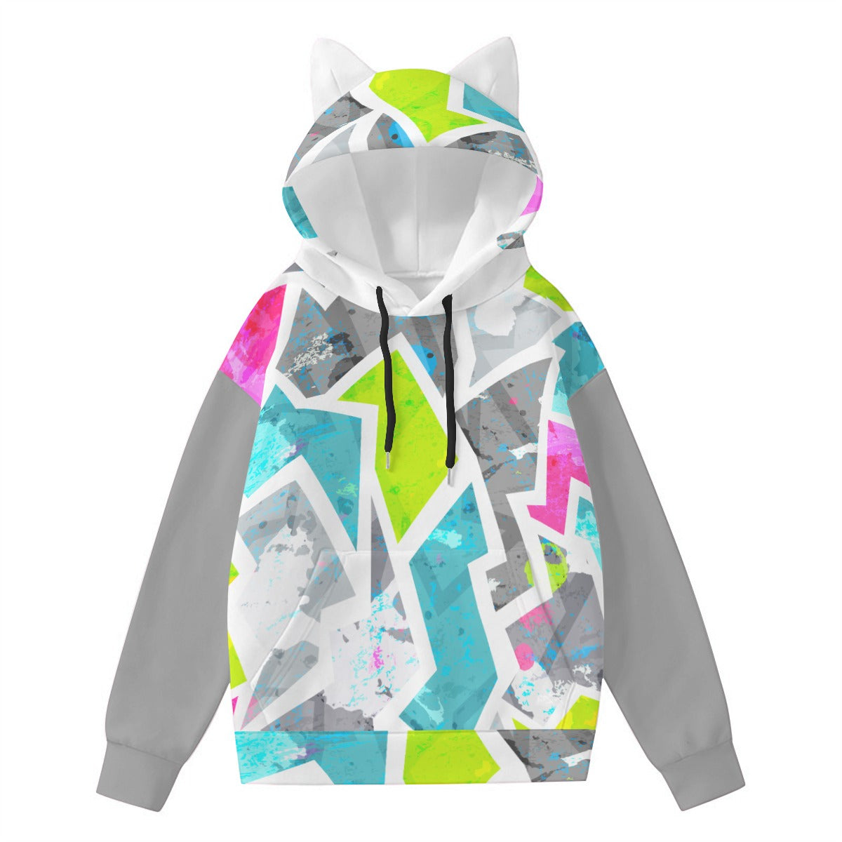 cute cat ear hoodie for women with colorful abstract pattern and gray sleeves