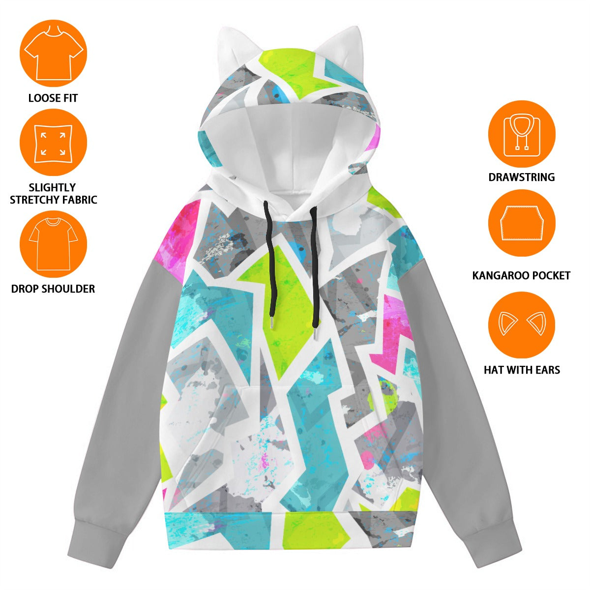 cute cat ear hoodie for women with colorful geometric print and gray sleeves