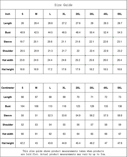 Size guide for cute cat ear hoodie for women showing measurements in inches and centimeters