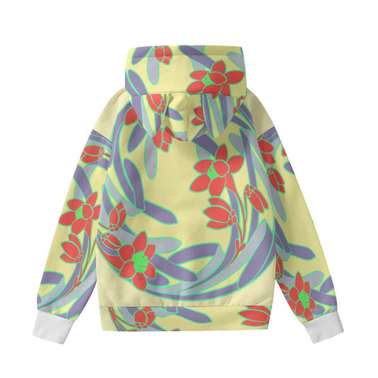 cute cat ear hoodie for women with colorful floral pattern and white cuffs