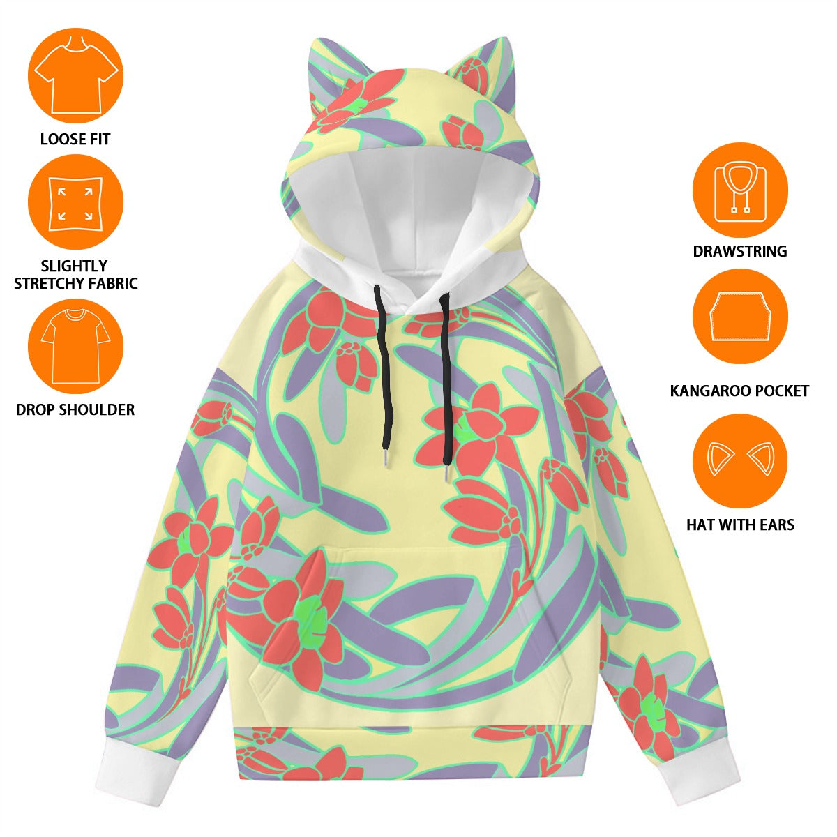 cute cat ear hoodie for women with floral pattern loose fit and drawstring hood