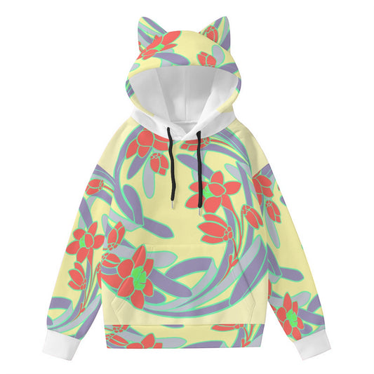 cute cat ear hoodie for women with colorful floral pattern and adjustable black drawstrings