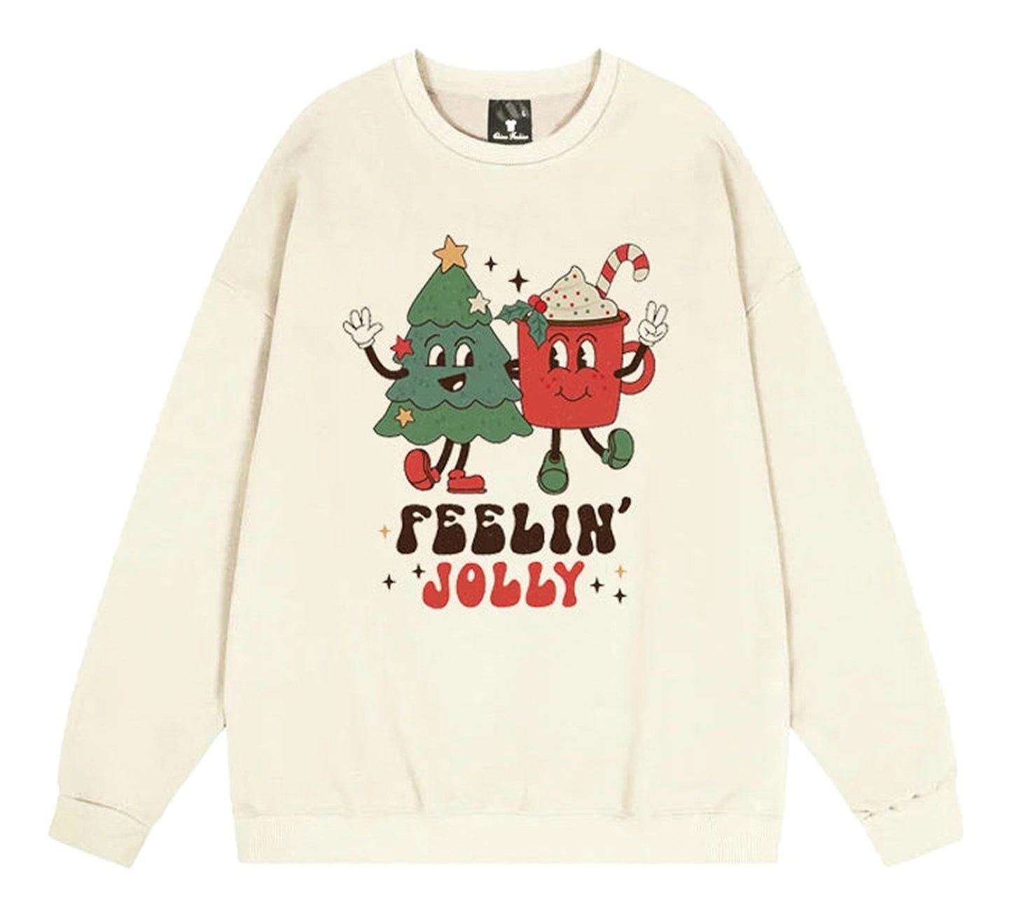 Cute Christmas sweatshirt for women featuring cheerful holiday-themed graphics with a tree and festive mug