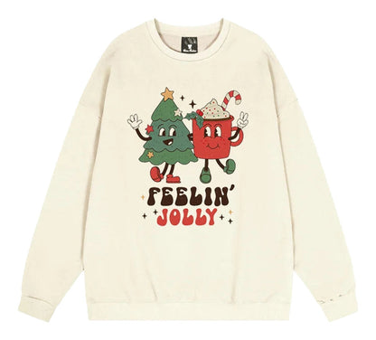 Cute Christmas sweatshirt for women featuring cheerful holiday-themed graphics with a tree and festive mug