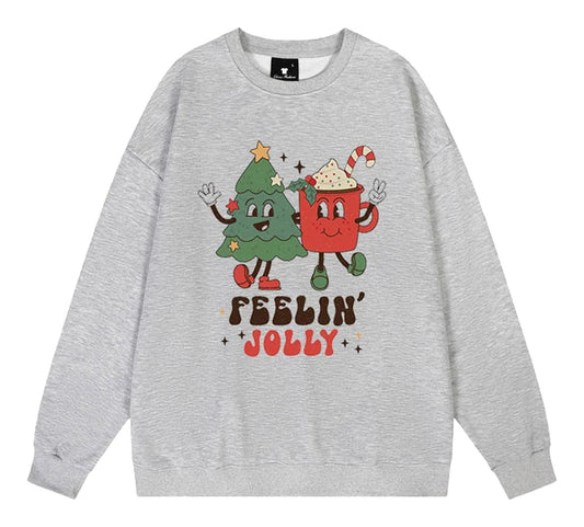 Cute Christmas sweatshirt for women featuring fun graphics of a Christmas tree and a festive drink