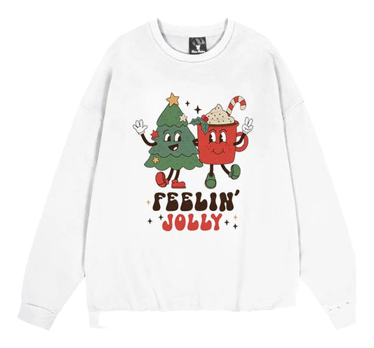 Cute Christmas sweatshirt for women featuring cheerful holiday designs with trees and mugs