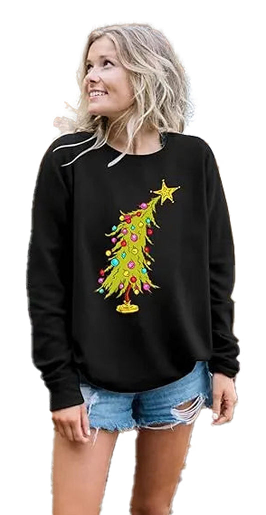 Cute Christmas sweatshirts for women featuring a colorful Christmas tree design with ornaments