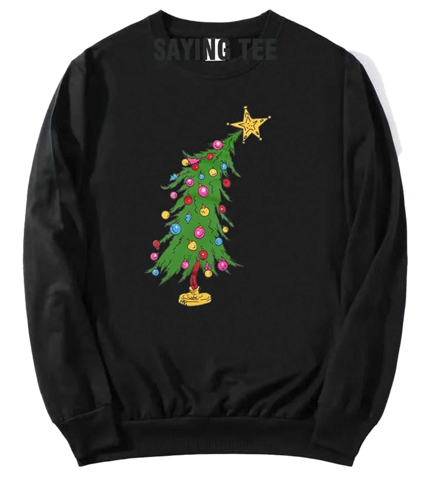 Cute Christmas sweatshirts for women featuring a colorful Christmas tree design on a black background