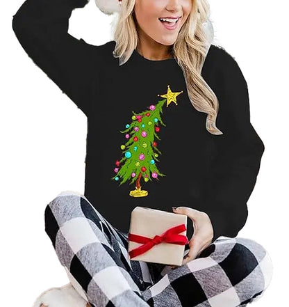 Cute Christmas sweatshirts for women featuring a colorful tree design on a black background