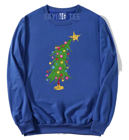 Cute Christmas sweatshirts for women featuring a colorful Christmas tree design on a blue background