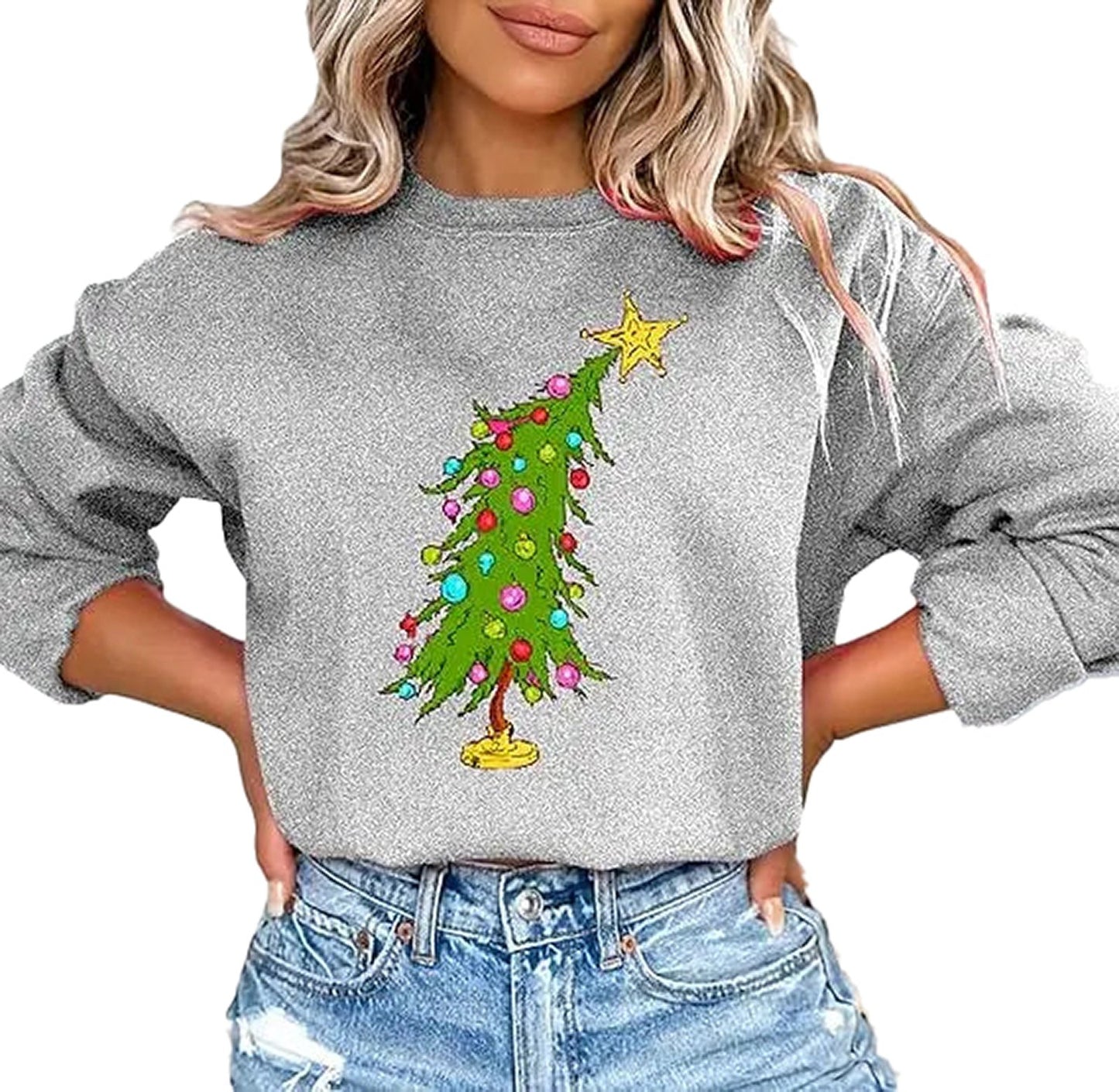 Grey sweatshirt with a colorful Christmas tree design, perfect for cute Christmas sweatshirts for women