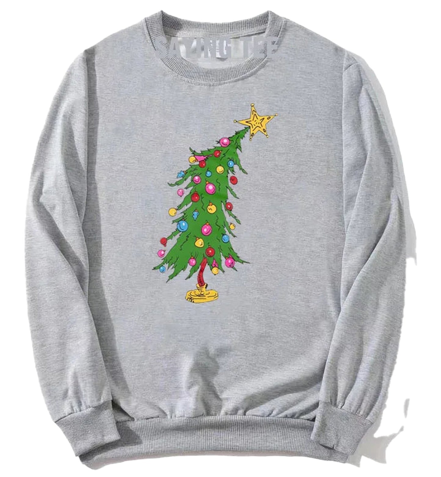 Cute Christmas sweatshirt for women featuring a colorful Christmas tree design with ornaments and a star